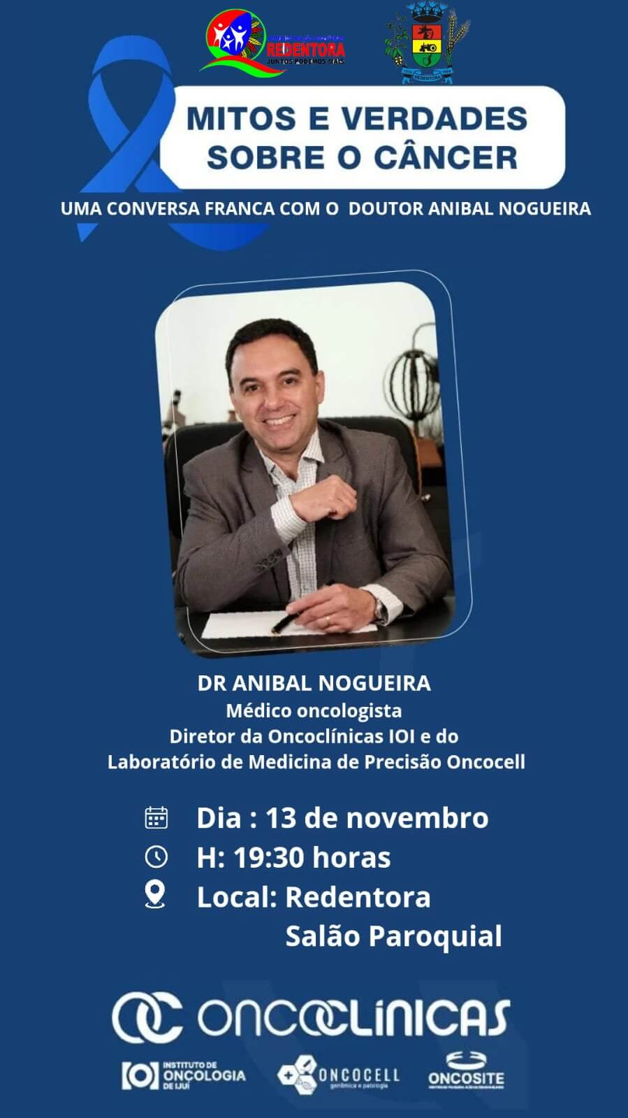 Capa Palestra com o oncologista Dr. Aníbal Nogueira será realizada em Redentora