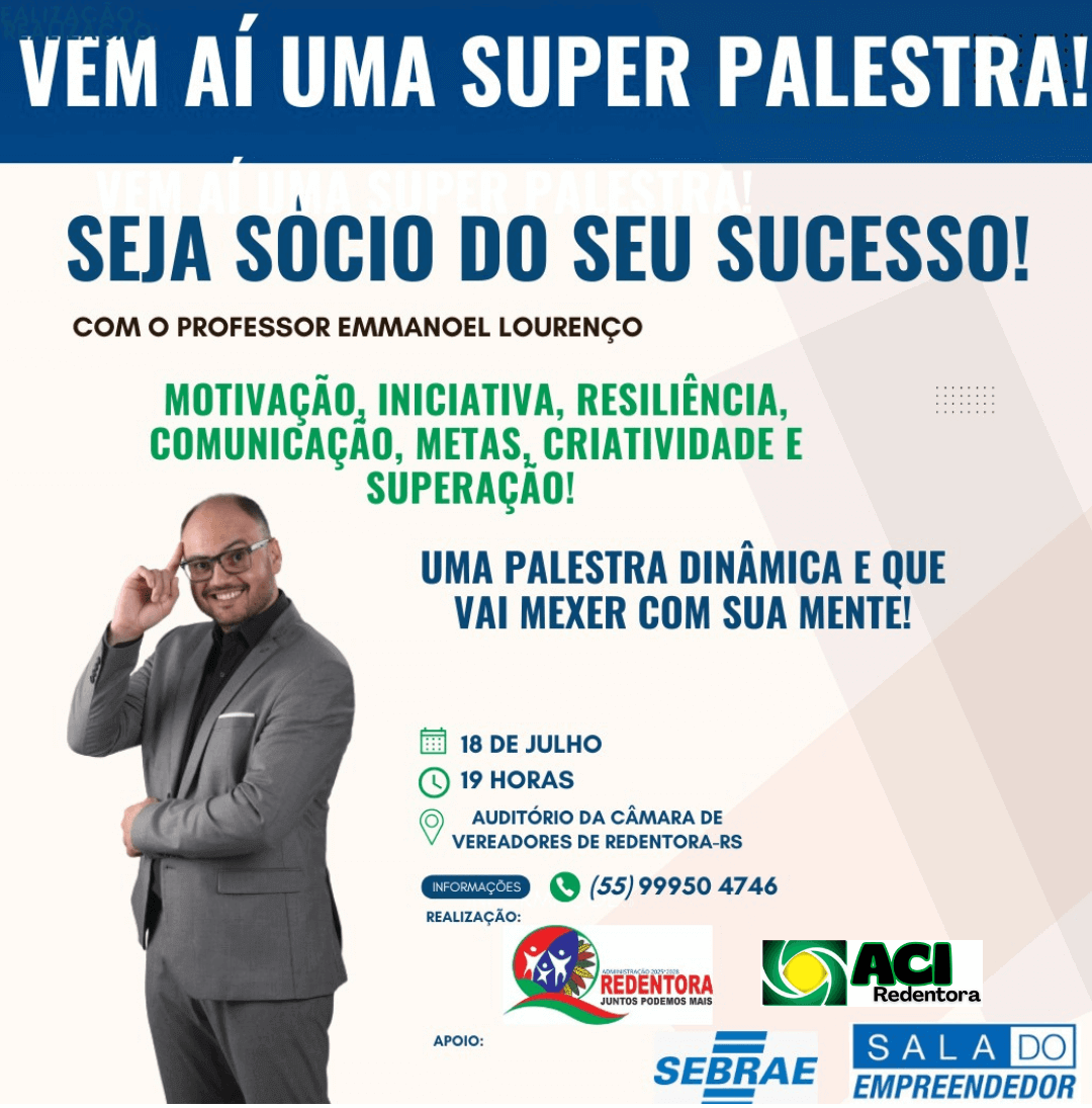 Capa Palestra com o Professor Emmanoel Lourenço será nesta sexta-feira em Redentora