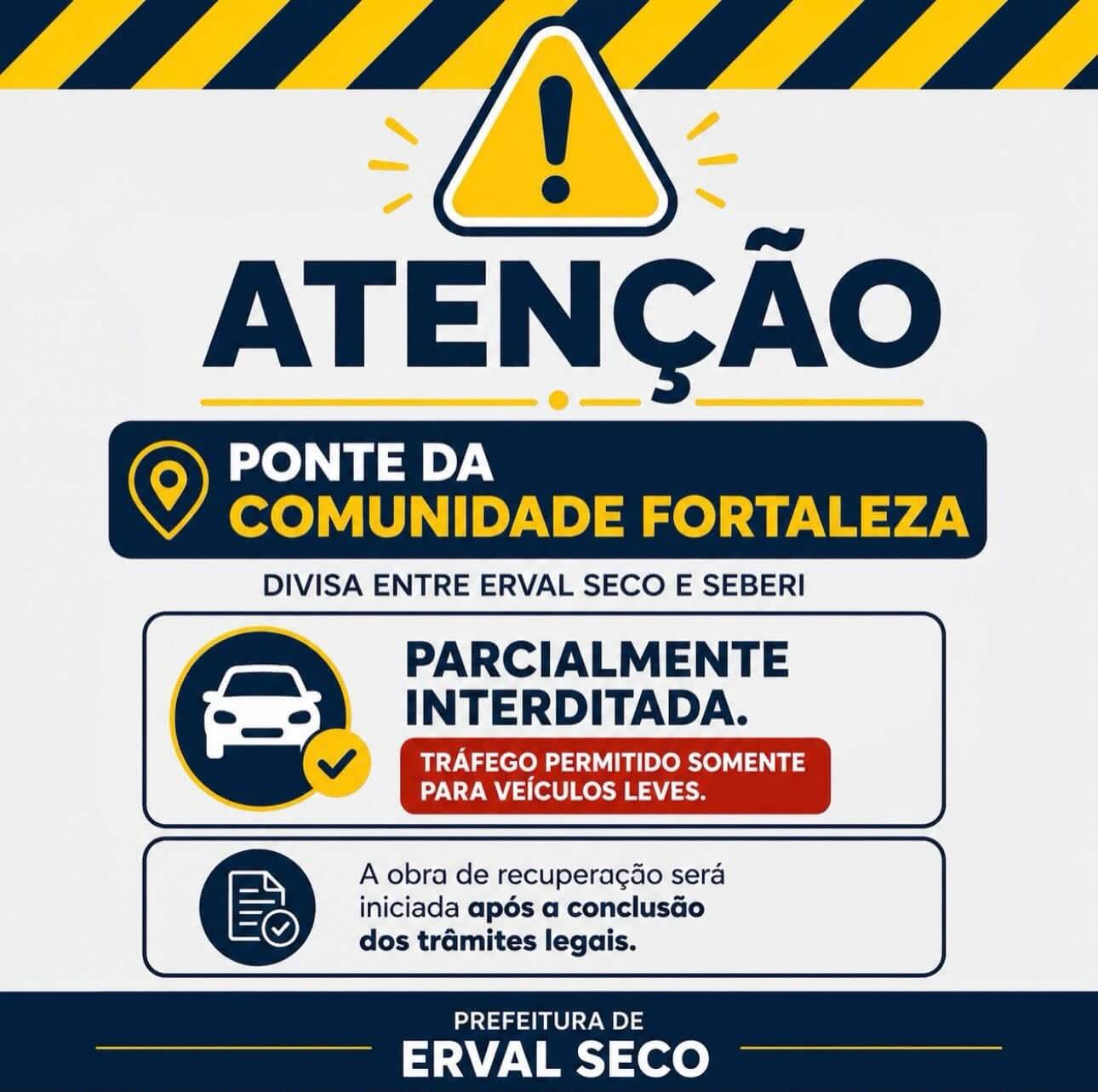 Capa Prefeitura de Erval Seco informa que a ponte localizada na comunidade Fortaleza, divisa entre Erval Seco e Seberi, está liberada somente para veículos leves e será recuperada em breve