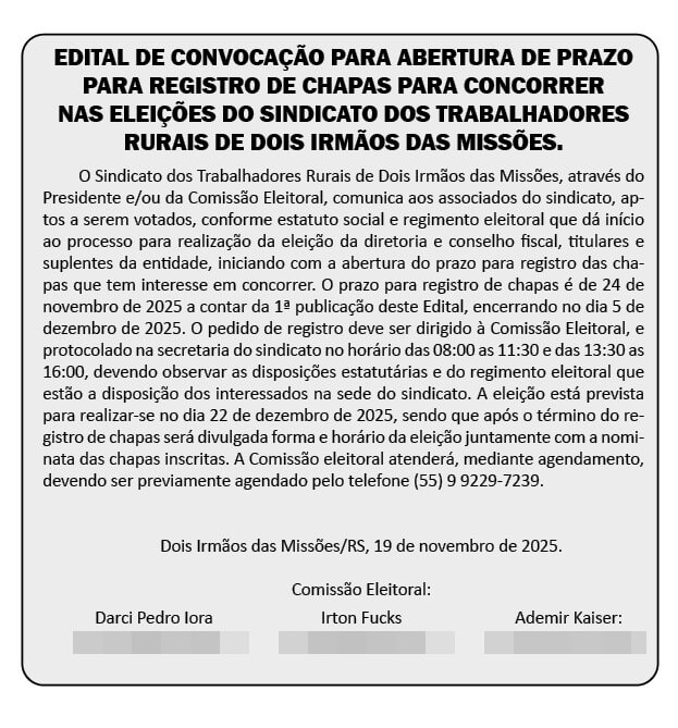 Capa Sindicato abre prazo para registro de chapas às eleições em Dois Irmãos das Missões
